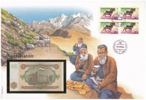 Tádzsikisztán 1994. 1R borítékban, alkalmi bélyeggel és bélyegzéssel T:I  Tajikistan 1994. 1 Ruble in envelope with stamps and cancellations C:UNC