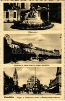 1939 Komárom, Komárno; Jókai szobor, Deák utca a városi elemi és polgári iskolákkal, Megye és Nádor utca részlet a Szentháromság szoborral / statue, street view, schools