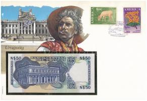 Uruguay 1989. 50P borítékban, alkalmi bélyeggel és bélyegzéssel T:I  Uruguay 1989. 50 Pesos in envelope with stamps and cancellations C:UNC