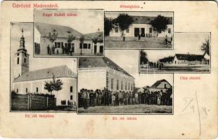 1909 Madocsa, Református templom és iskola, Községháza, utca részlet, Engel Rudolf üzlete (Rb)