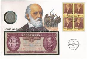 1994. Kossuth Lajos halálának 100. évfordulója érmés és bankjegyes pecsételt boríték 1947. 5Ft Ag érmével és 1992. 100Ft-os bankjeggyel illetve egyenként 19Ft névértékű négyestömbű bélyeggel a PHILSWISS kiadásában, német leírással T:2-,I patina