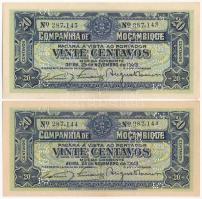 Mozambik 1933. 20c (2x) 287,143 - 287,144 sorszámkövetők, perforációval érvénytelenítve T:I Mozambique 1933. 20 Centavos (2x) 287,143 - 287,144 consecutive serials, cancelled by perforation C:UNC Krause P#R29