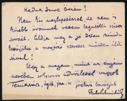 Szabolcska Mihály (1861-1930) református lelkész, költő saját kézzel írt sorai és saját kezű aláírása, saját fejléces papírján, 11x14 cm