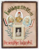 1915 Emlékkép az 1914-1915. évi dicsőségteljes hadjáratról, rajta II. Vilmos német császár, V. Mehmed szultán és Ferenc József litografált arcképeivel, valamint azonosítatlan fiatalember keményhátú fotójával (Fiume, I. Carposio, 10x7 cm), papíron, rajta hímzett díszítéssel, papír kartonon, foltos, fa keretben, 40x30 cm