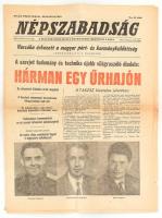 1964 Népszabadság 1964. okt. 13. száma, a Voszhod szovjet űrhajó útjáról szóló cikkel a címlapon, a címlap alján a három űrhajós fekete-fehér fotójával, 12 p.