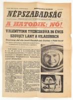 1963 Népszabadság 1963. jún. 16. száma, a címlapon Valentyina Tyereskova fotójával és a Vosztok 6 hírével a címlapon, hiányos, 2 p.+1 sztl. lev.