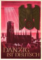 Danzig ist Deutsch! / Gdansk is German! WWII NSDAP German Nazi Party propaganda art postcard, swastika. 6+4 Ga. s: Gottfried Klein (EK)