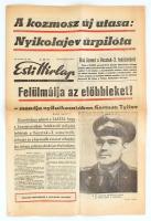 1962 Esti Hírlap 1962. augusztus 11. száma, a címlapon a Vosztok 3 hírével, rajta Nyikolajev őrnagy fotójával, 4 sztl. lev.
