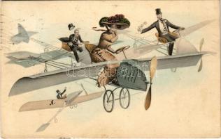 1911 Úriemberek és hölgy repülőgépen / Gentlemen and lady in aircraft. M. Munk Vienne Nr. 585. (EK)