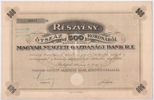 Budapest 1922. Magyar Nemzeti Gazdasági Bank R.T. névre szóló részvénye 500K-ról, szelvényekkel, szárazpecséttel T:I-