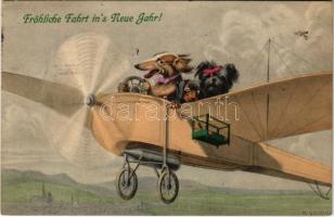 Fröhliche Fahrt ins Neue Jahr! / Újévi üdvözlet, kutyák repülőgépben/ New Year, dogs in aircraft. M. Munk Nr. 842. s: L. Ulreich