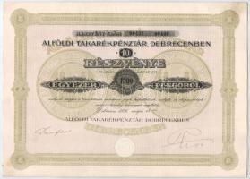 1926. Alföldi Takarékpénztár Debrecenben 10db részvénye egyben, összesen 1000P-ről, szárazpecséttel szelvényekkel T:II