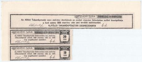 1926. "Alföldi Takarékpénztár Debrecenben" 10db részvénye egyben, összesen 1000P-ről, szár...