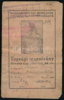 1921 Magyarországi Munkások Gyermekbarát Egyesülete tagsági igazolvány tagsági bélyegekkel. Sérült.