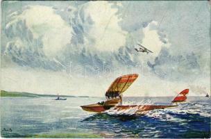 Im heimatlichen Hafen. K.u.K. Kriegsmarine Seeflugzeug / WWI Austro-Hungarian Navy art postcard, battleship, seaplane, naval aircraft. Unsere K.u.K. Kriegsmarine Nr. F. 120. s: P. Jaritz (EB)