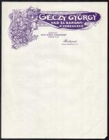 cca 1910 Bp., Géczy György Vad és Baromfikereskedő 1 db régi kitöltetlen, szecessziós illusztrációval díszített fejléces levélpapírja, apró szakadással