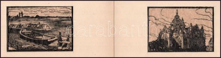 HM jelzéssel: 8 db szegedi részletet ábrázoló grafika. Linómetszet, papír, jelzett a metszeten, pasz...