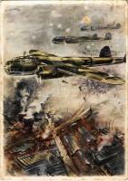 Bomber beim Angriff / WWII German military art postcard, bomber aircraft (felületi sérülés / surface damage)