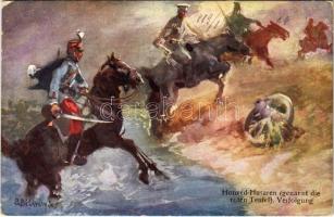 Honvéd-Husaren (genannt die roten Teufel) Verfolgung / WWI Austro-Hungarian K.u.K. military art postcard. B.K.W.I. 889-1. s: B. Bélaváry (EK)