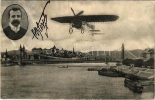 1909 Budapest, Bleriot repülőgépe az Erzsébet híd felett, Királyi vár (ázott / wet damage)