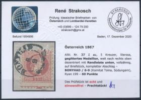 5kr lilacrose stamp, lined medallion, bar below. Certificate: Strakosch. 5kr lilásrózsa bélyeg, vona...