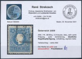 15kr type II with variety. Signed: Seitz, certificate: Strakosch 15kr II típus szögfejbenyomattal, S...