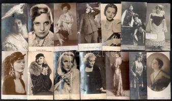 cca 1900-1940 15 db külföldi színész (Greta Garbo, Marlene Dietrich, Brigitte Helm, Lilian Harvey, Maria Carmi stb.) fotó és fotólap. Részben sérült, összes vágott, 12x7 cm körüli méretekben