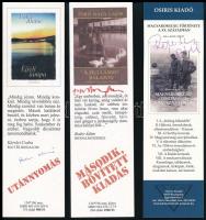 Írók autográf aláírásai 7 db könyvjelzőn: Polcz Alaine (1922-2007), Parti Nagy Lajos (1953- ), Romsics Ignác (1951- ), Lengyel Balázs (1918-2007), Karádi Éva (1946- ), Bogáti Péter (1924-2012), Berecz János (1930- )