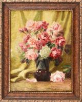 Jelzés nélkül: Csendélet rózsákkal. Olaj, vászon, kartonon. Kissé vetemedett. Dekoratív fa keretben. 33x24,5 cm