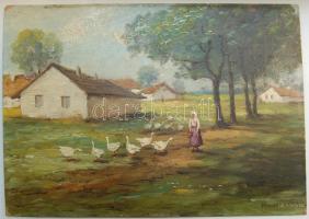 cca 1900 Mesterházy Dénes: Falusi táj; olaj-farost; szignált 35x25 cm