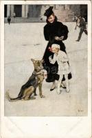 1917 Fürs Rote Kreuz. Kriegspostkarten von B. Wennerberg Nr. 17. / WWI German military art postcard, Red Cross charity collecting dog s: B.W. + K.u.K. 3. Regiment der Tiroler Kaiserjäger 4. Feldbaon (kis szakadás / small tear)
