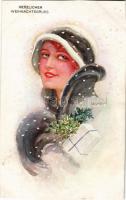 1916 Herzlichen Weihnachtsgruss / Lady art postcard with Christmas greeting. ERKAL Künstler-Serie 306/2. s: Usabal + K.U.K. KRIEGSMARINE SMS VIRIBUS UNITIS (vágott / cut)