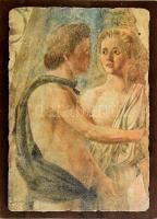 Piero della Francesca után: Ádám halála. Nyomat, farost, kissé sérült. Rétegelt lemezre kasírozva, kissé sérült. Hátoldalán feliratozott. 48×33,5 cm