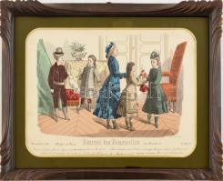 1876 Divatillusztráció a Journal des Demoiselles-ből. Színezett litográfia, papír. Jelzett a metszeten. 18x25 cm. Dekoratív, üvegezett fa keretben.