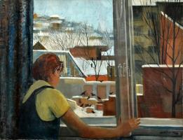 Gádor Emil (1911-1998): Téli ablak. Olaj, vászon, jelzett. Hátoldalán autográf felirattal és Képcsarnok Vállalat címkéjével. 60×80 cm