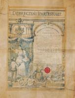 1913 Debreceni Ipartestület dekoratív oklevél 45x60 cm (sérült)