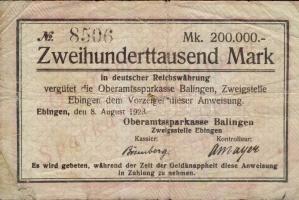 Német Birodalom/Weimari Köztársaság/Ebingen/Oberamtssparkasse Balingn 1923.08.08. 100.000M, 200.000M...