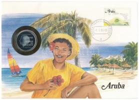 Aruba 1988. 1Fl Cu-Ni Beatrix bélyeges érmés borítékon, német nyelvű ismertetővel T:1- (eredetileg PP) Aruba 1988. 1 Florin Cu-Ni Beatrix coin letter with stamp and German description C:XF (originally PP)