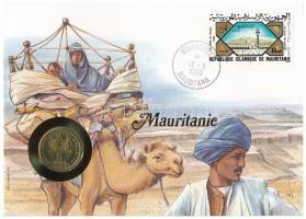 Mauritánia 1990. 5O érmés borítékban, bélyeggel és bélyegzéssel, német nyelvű tájékoztató lappal T:1- Mauritania 1990. 5 Ouguiya in envelope with stamp and cancellation, with German description C:AU