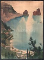 Jelzés nélkül, feltehetően 1930-40 körül működött magyar festő: Mediterrán tengerpart. Akvarell, papír, sérült. 31,5×23 cm