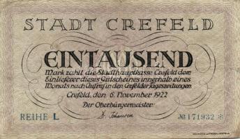 Német Birodalom/Weimari Köztársaság/Crefeld 1922.11.06. 1000M T:II-/III