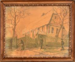 Rácz István jelzéssel: Sétálók. Akvarell, papír. Dekoratív, kissé sérült üvegezett fakeretben, 24×31 cm