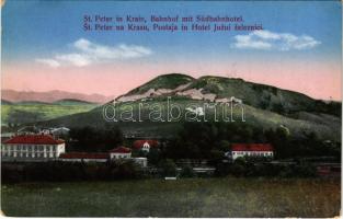 1915 Pivka, St. Petra na Krasu, San Pietro del Carso, St. Peter in Krain; Bahnhof mit Südbahnhotel / Postaja mit Juzui zeleznici / railway station, railway hotel. B.K.S. Nr. 91/7 (M.) (worn corner)