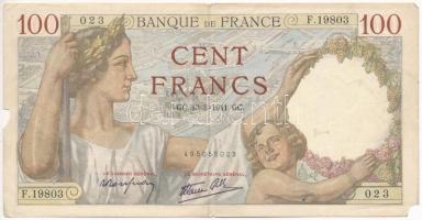 Franciaország 1941. 100Fr T:III tűlyukak, anyaghiány France 1941. 100 Francs C:F needle holes, missing paper Krause P#94