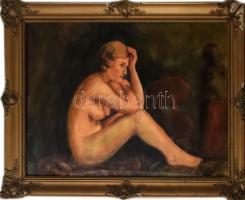 Jeney Zoltán (1899-1967): Ülő női akt. Akvarell, papír. Jelezve jobbra lent. Üvegezett, dekoratív, sérült fakeretben, 50×70 cm