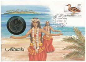 Cook-szigetek / Aitutaki 1992. 1$ Cu-Ni felbélyegzett borítékban, bélyegzéssel, német nyelvű tájékoztatóval T:1 patina Cook Islands / Aitutaki 1992. 1 Dollar Cu-Ni in envelope with stamp, cancellation and a prospectus in german C:UNC patina