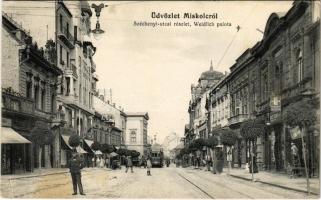1913 Miskolc, Széchenyi utca, Weidlich palota, villamos, Apollo színház, üzletek. Grünwald Ignác kiadása (EK)