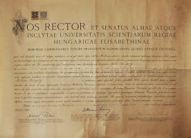1923 Orvosi diploma Pekár Mihály kutatóorvos és Kérész Zoltán tudósok aláírásával