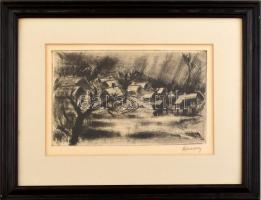 Remsey Jenő (1885-1970): Táj. Rézkarc, papír, jelzett. Üvegezett fakeretben. 24×29 cm
