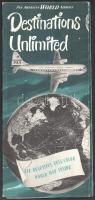 cca 1952 Pan American World Airways Destination Unlimited. Fekete-fehér fotókkal illusztrált angol nyelvű Pan American World Airways kihajtható prospektus, nagyméretű térképpel.
